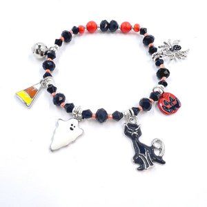 Handcrafted – Cute Halloween Black & Orange Charm 7” Stretch Bracelet